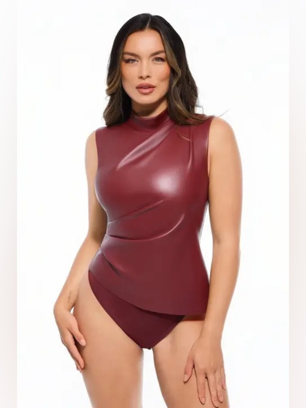Popilush Sleeveless Mock-Neck Faux Leather Bodysuit in Burgundy